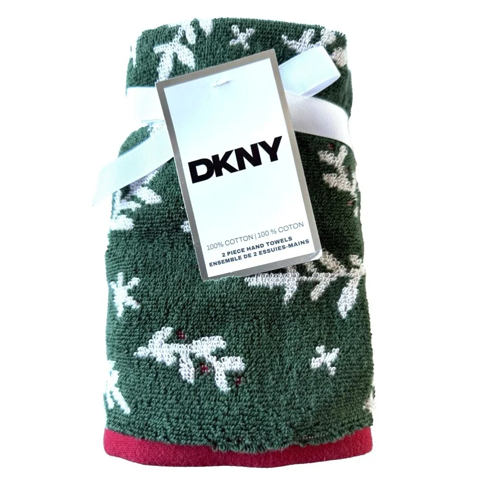 DKNY Christmas Hand Towels Green White Red Holly Reversible Holiday Set of 2